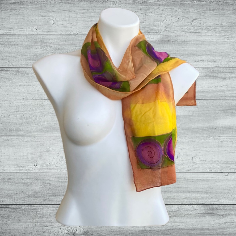 Hand Painted 100% Silk Boho Scarf Gold Purple Pink and Green